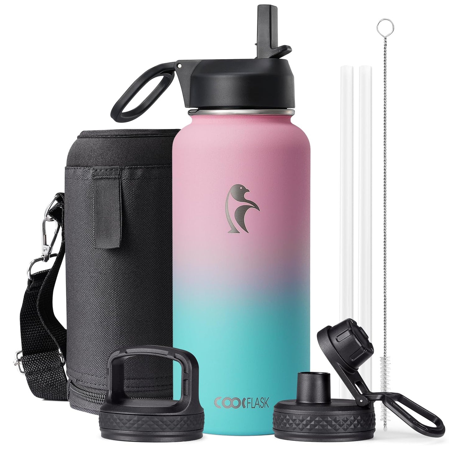 Half Gallon Water Bottle Insulated with Straw & 3 Lids, Coolflask 64 oz Water Jug Large Metal Stainless Steel Wide Mouth for Sports, Gym or Office, Non-BPA Keep Cold 48H Hot 24H, Samurai Cyan