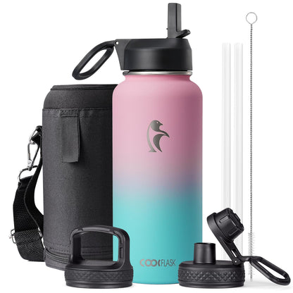 Half Gallon Water Bottle Insulated with Straw & 3 Lids, Coolflask 64 oz Water Jug Large Metal Stainless Steel Wide Mouth for Sports, Gym or Office, Non-BPA Keep Cold 48H Hot 24H, Samurai Cyan