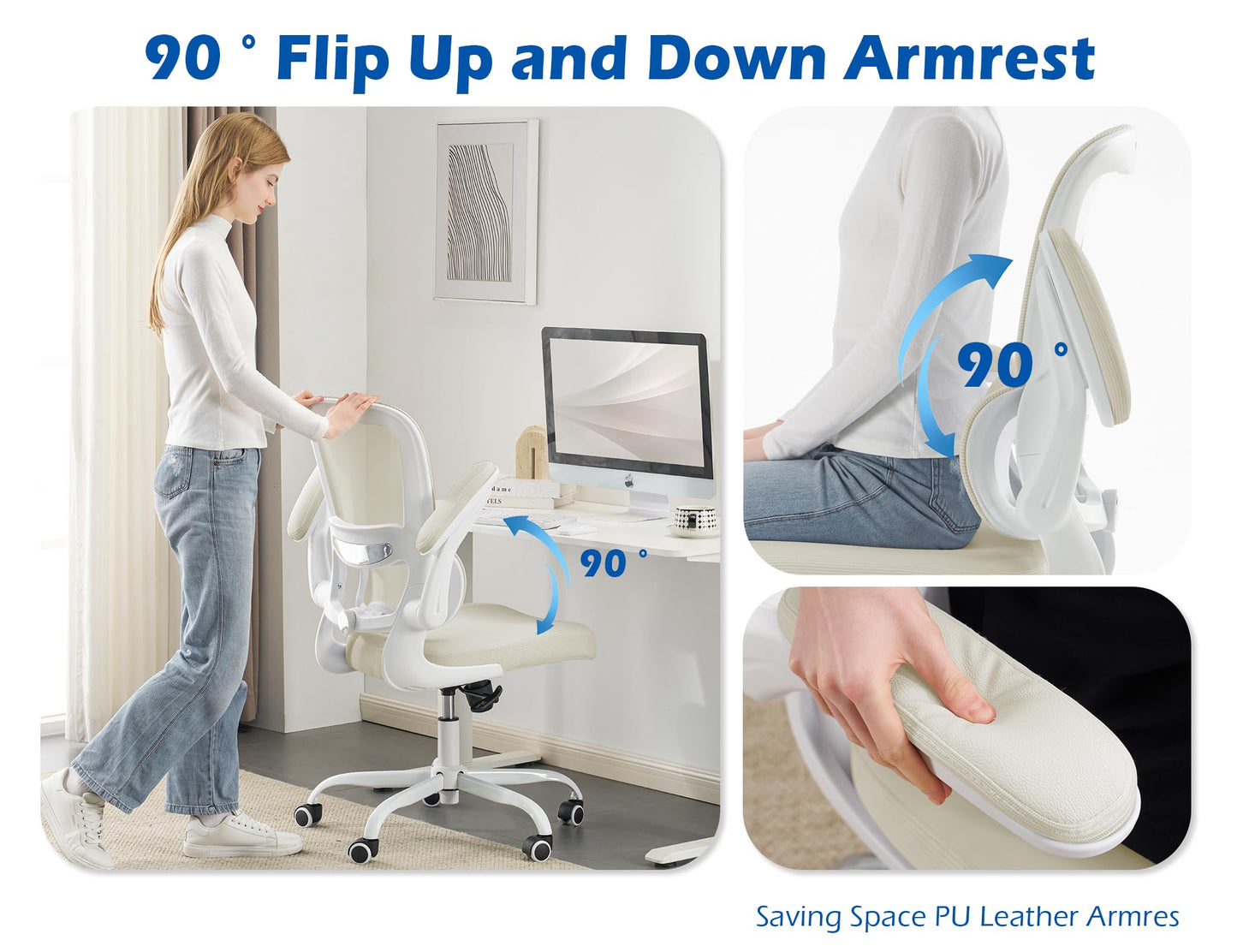TRALT Ergonomic Office Chair - Desk Chair with Adjustable Lumbar Support Computer Chair - Mesh Comfy Chair with Flip-up Armrests - Gaming Chairs for Adults Home Office (Leather, White)