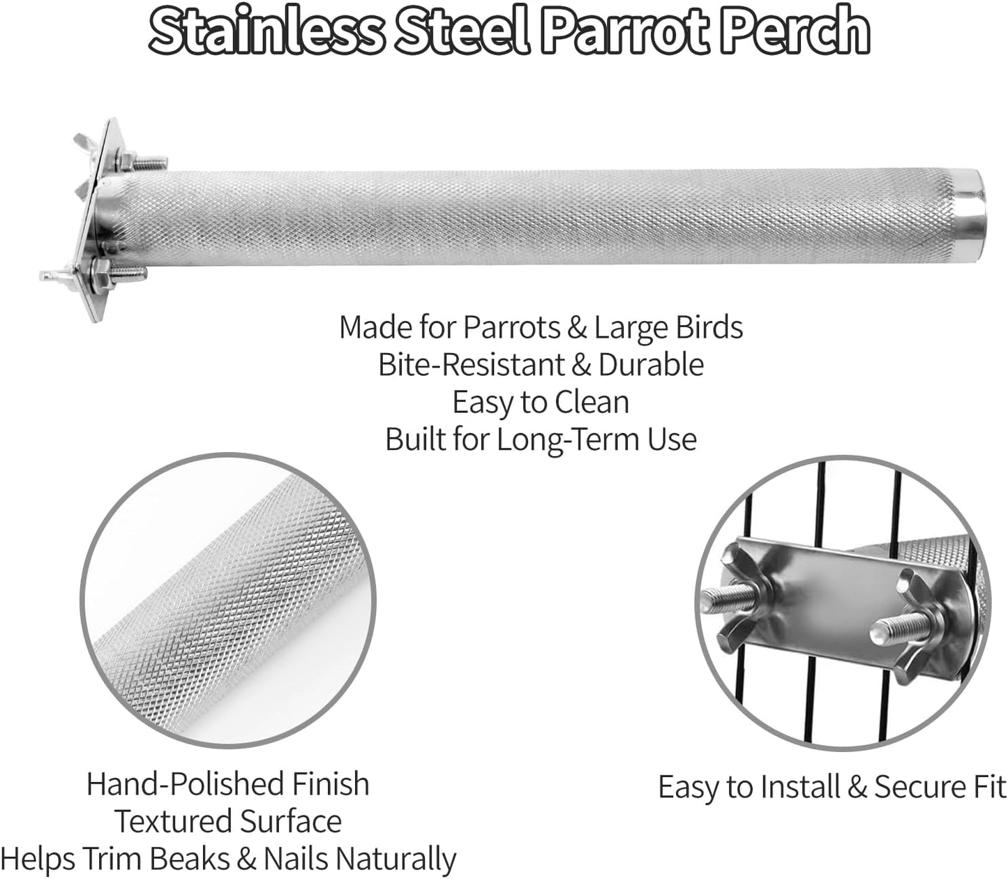 AOTU Large Bird Perch Stainless Steel Parrot Perches Bird Stand for Cage Durable Beak & Claw Trimming Grinding Perch for Birds Parrot Cage Accessory (L: 11.8" x 1.2")