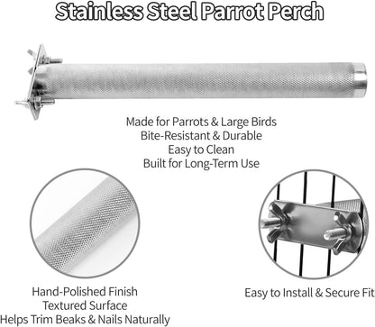 AOTU Large Bird Perch Stainless Steel Parrot Perches Bird Stand for Cage Durable Beak & Claw Trimming Grinding Perch for Birds Parrot Cage Accessory (L: 11.8" x 1.2")