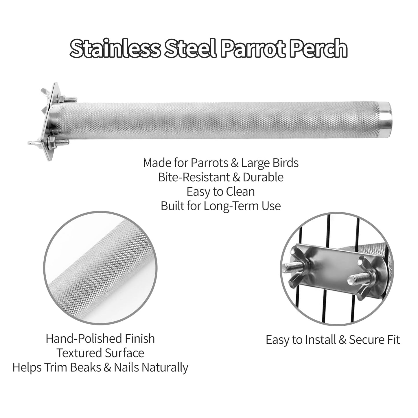 AOTU Large Bird Perch Stainless Steel Parrot Perches Bird Stand for Cage Durable Beak & Claw Trimming Grinding Perch for Birds Parrot Cage Accessory (L: 11.8" x 1.2")