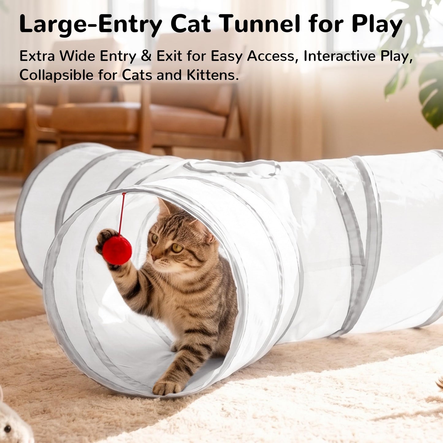Tempcore Pet Cat Tunnel Tube Toys 3 Way Collapsible, Tunnels for Indoor Cats, Interactive Tube with Teaser Wand, Peek Holes & Hanging Ball, Black & Blue