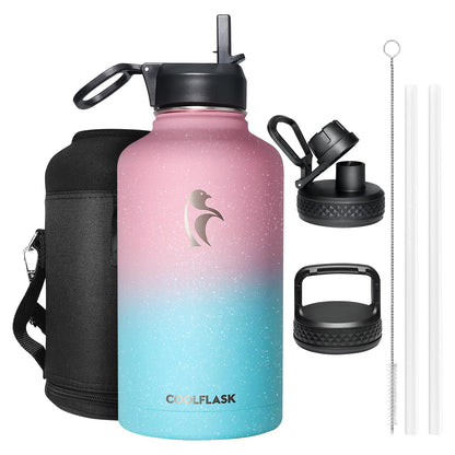 Half Gallon Water Bottle Insulated with Straw & 3 Lids, Coolflask 64 oz Water Jug Large Metal Stainless Steel Wide Mouth for Sports, Gym or Office, Non-BPA Keep Cold 48H Hot 24H, Samurai Cyan