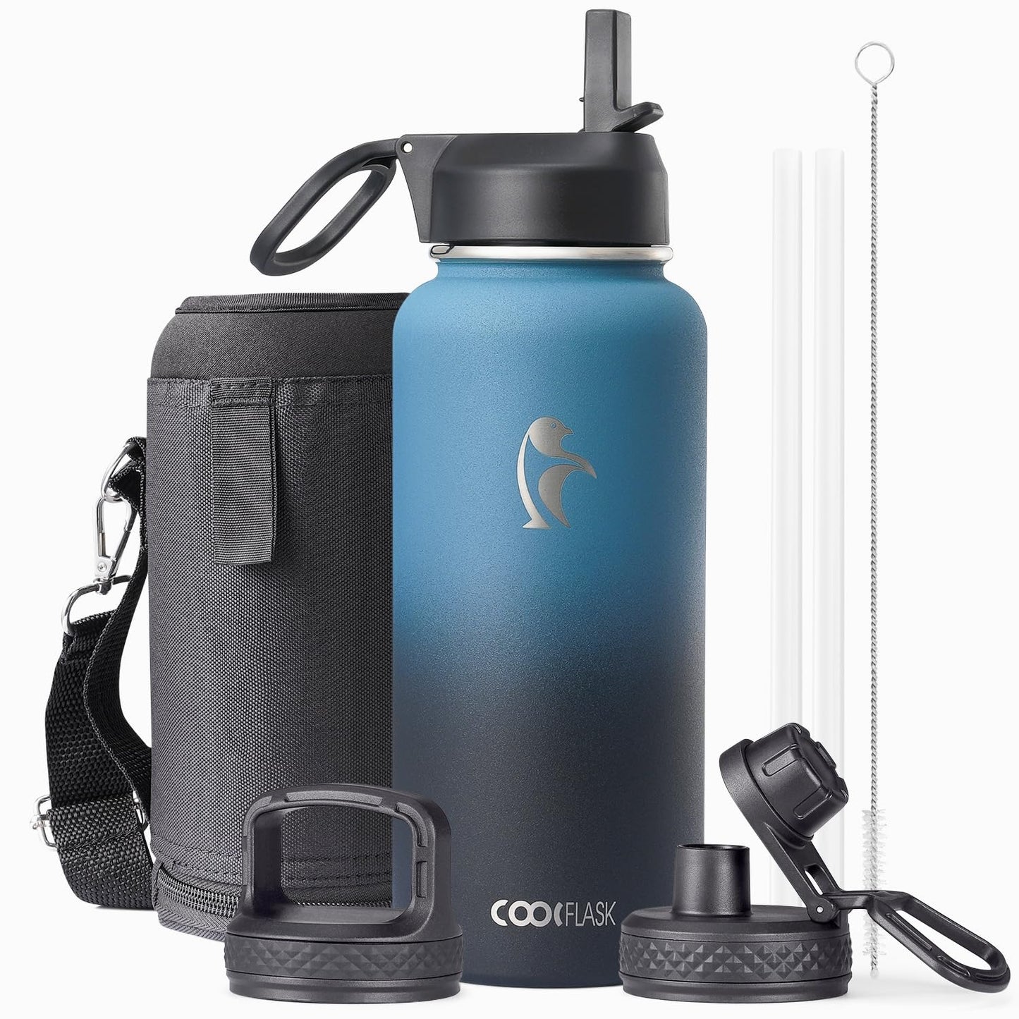 Half Gallon Water Bottle Insulated with Straw & 3 Lids, Coolflask 64 oz Water Jug Large Metal Stainless Steel Wide Mouth for Sports, Gym or Office, Non-BPA Keep Cold 48H Hot 24H, Samurai Cyan
