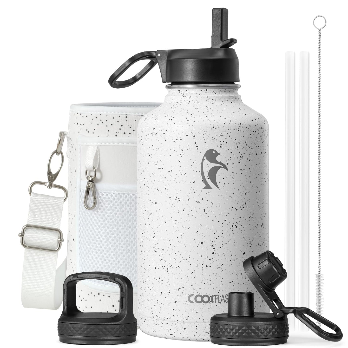 Half Gallon Water Bottle Insulated with Straw & 3 Lids, Coolflask 64 oz Water Jug Large Metal Stainless Steel Wide Mouth for Sports, Gym or Office, Non-BPA Keep Cold 48H Hot 24H, Samurai Cyan