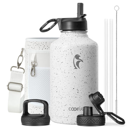 Half Gallon Water Bottle Insulated with Straw & 3 Lids, Coolflask 64 oz Water Jug Large Metal Stainless Steel Wide Mouth for Sports, Gym or Office, Non-BPA Keep Cold 48H Hot 24H, Samurai Cyan
