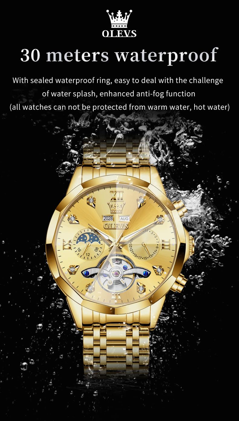 OLEVS Skeleton Men Watches Automatic Business Luxury Diamond Self Winding Watch for Men Stainless Steel Calendar Wrist Watch