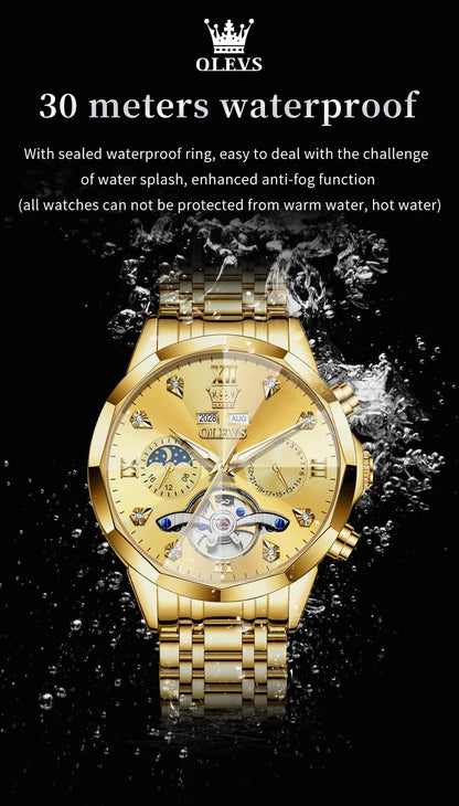 OLEVS Skeleton Men Watches Automatic Business Luxury Diamond Self Winding Watch for Men Stainless Steel Calendar Wrist Watch