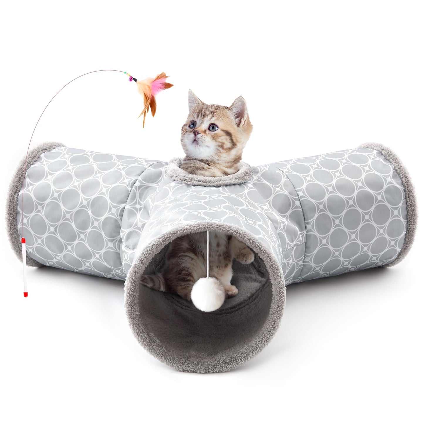 Tempcore Pet Cat Tunnel Tube Toys 3 Way Collapsible, Tunnels for Indoor Cats, Interactive Tube with Teaser Wand, Peek Holes & Hanging Ball, Black & Blue