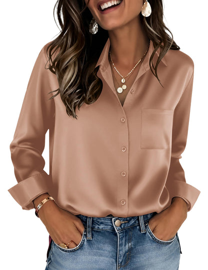 Zeagoo Womens Tops Satin Blouse Long Sleeve Shirts V Neck Dressy Casual | Button Down Business Outfits Fall Fashion With Pockets