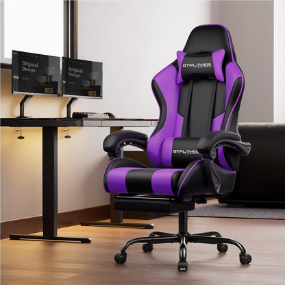 GTPLAYER Gaming Chair, Computer Chair with Footrest and Lumbar Support, Height Adjustable Game Chair with 360°-Swivel Seat and Headrest and for Office or Gaming (Pearl White)