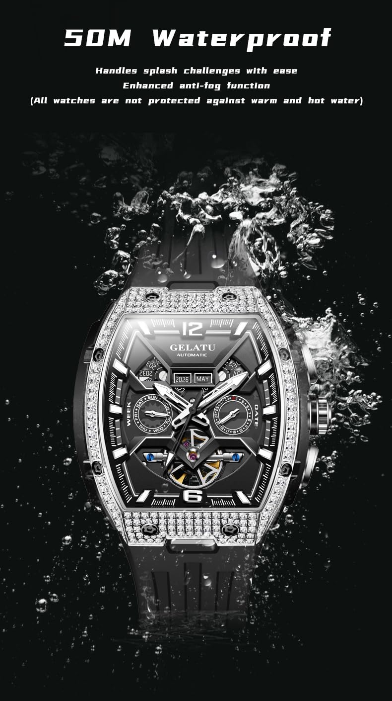 OLEVS Skeleton Men Watches Automatic Business Luxury Diamond Self Winding Watch for Men Stainless Steel Calendar Wrist Watch