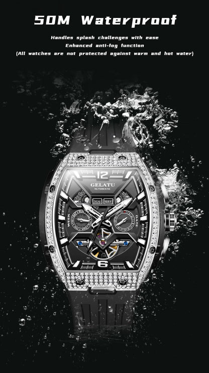 OLEVS Skeleton Men Watches Automatic Business Luxury Diamond Self Winding Watch for Men Stainless Steel Calendar Wrist Watch