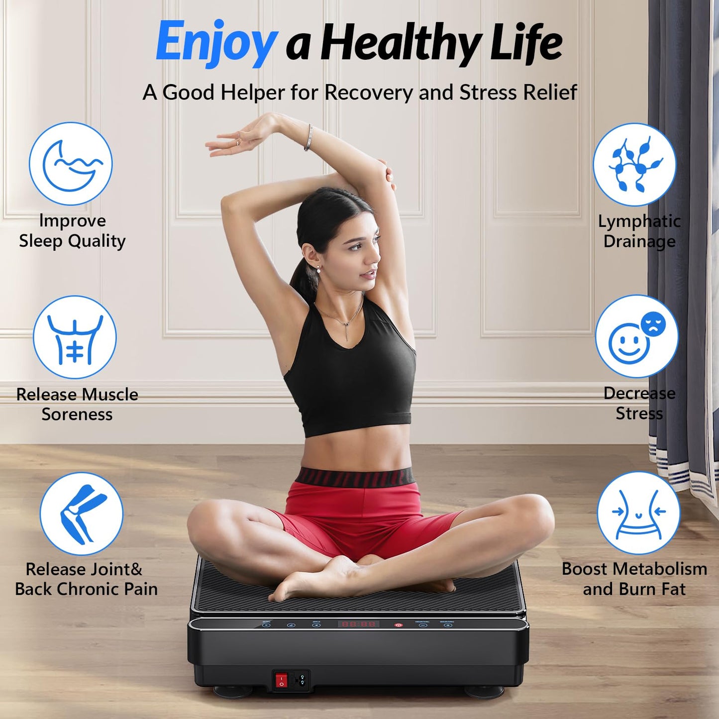 Vibration Plate Exercise Machine for Lymphatic Drainage, Full Body Shake Platform Board for Home Fitness, Fat Burning, 5 Program Modes and 99 Speed Levels