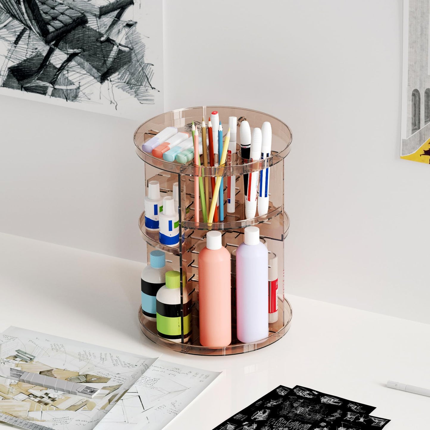 Rotating Makeup Organizer, DIY 8 Adjustable Layers Spinning Skincare Storage, Cosmetic Display Case with Brush Holder and Perfume Tray, Multi-Function Vanity Bathroom Countertop Organizer Black