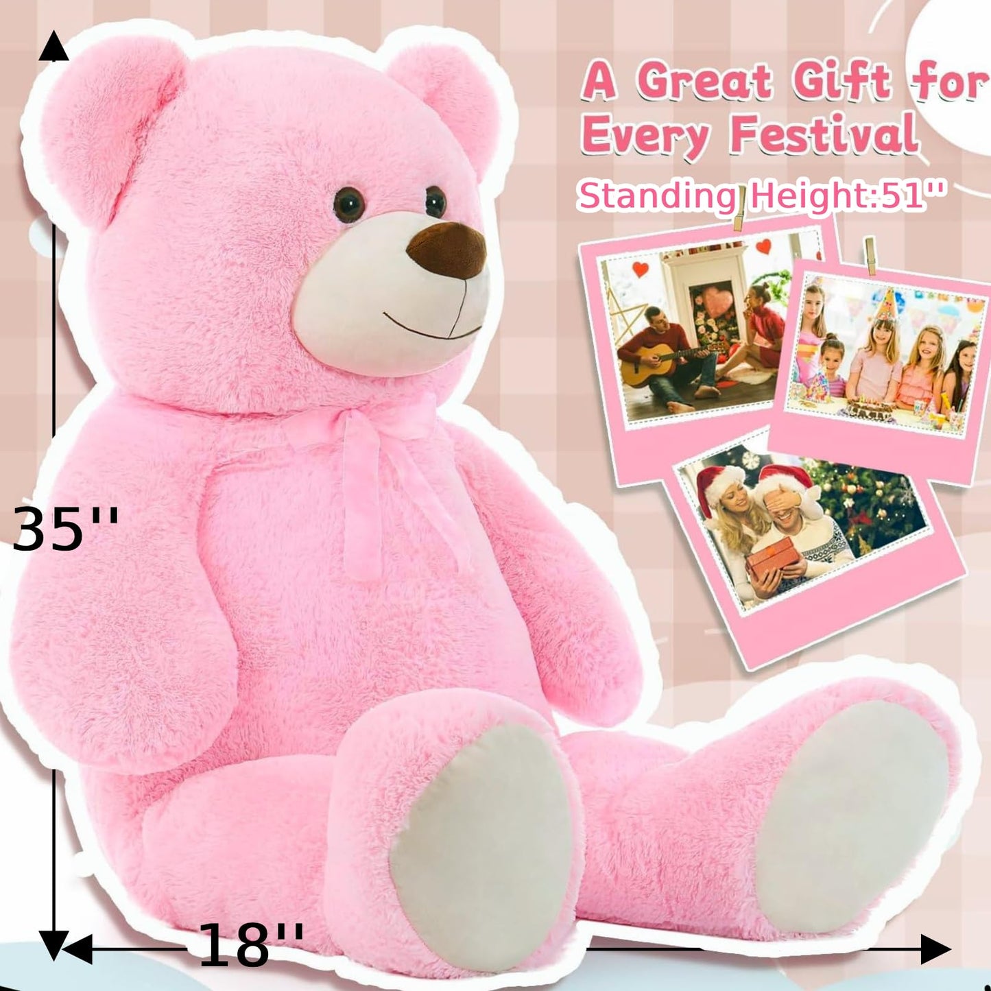 Toys Studio 47 Inch Big Teddy Bear Giant Stuffed Animal for Girls, 4 Feet Large Teddy Bear Baby Shower Party Decorations Kids Women Girlfriend Christmas Valentines Gifts, Light Brown