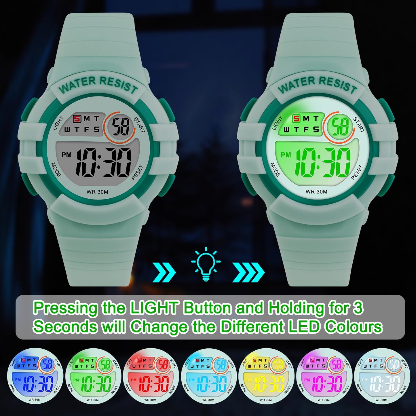 DTKID Digital Kids Watch 30 M Waterproof, 7 Color Lights Time Teaching Watch Easy to Read for Girls Boys 5-16