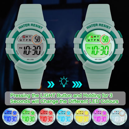 DTKID Digital Kids Watch 30 M Waterproof, 7 Color Lights Time Teaching Watch Easy to Read for Girls Boys 5-16
