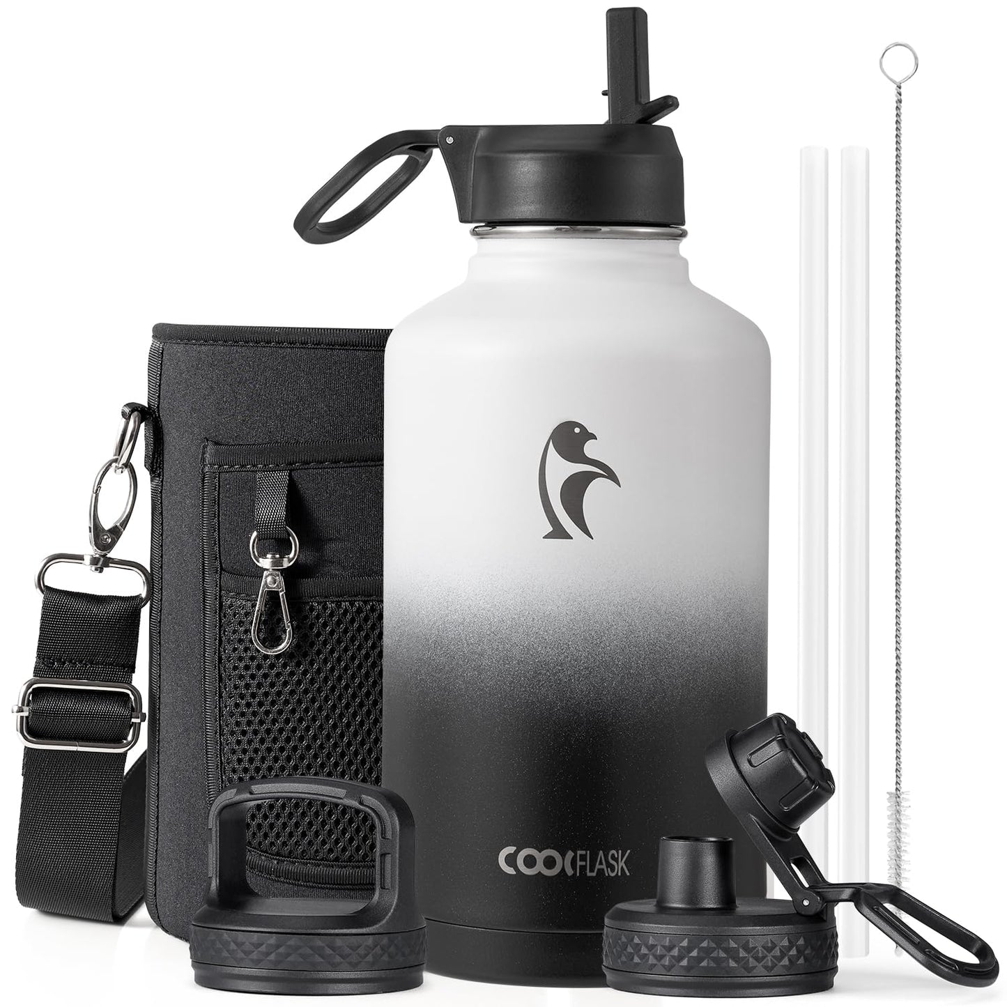 Half Gallon Water Bottle Insulated with Straw & 3 Lids, Coolflask 64 oz Water Jug Large Metal Stainless Steel Wide Mouth for Sports, Gym or Office, Non-BPA Keep Cold 48H Hot 24H, Samurai Cyan