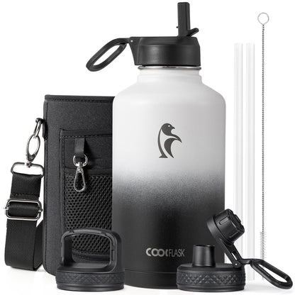 Half Gallon Water Bottle Insulated with Straw & 3 Lids, Coolflask 64 oz Water Jug Large Metal Stainless Steel Wide Mouth for Sports, Gym or Office, Non-BPA Keep Cold 48H Hot 24H, Samurai Cyan