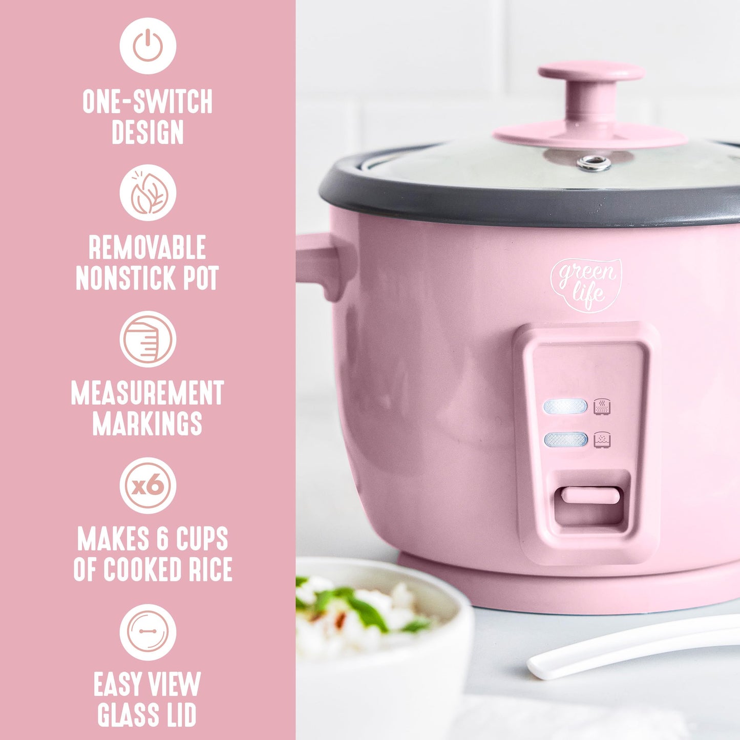 GreenLife Rice Cooker with Removable PFAS-Free Ceramic Nonstick Pot, 3-Cups Uncooked/6-Cups Cooked, Grains & Oatmeal Multicooker, Compact One-Switch Design, Auto Keep Warm, Easy Clean, Cream
