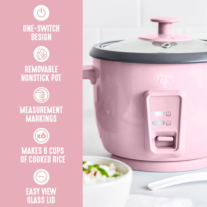GreenLife Rice Cooker with Removable PFAS-Free Ceramic Nonstick Pot, 3-Cups Uncooked/6-Cups Cooked, Grains & Oatmeal Multicooker, Compact One-Switch Design, Auto Keep Warm, Easy Clean, Cream