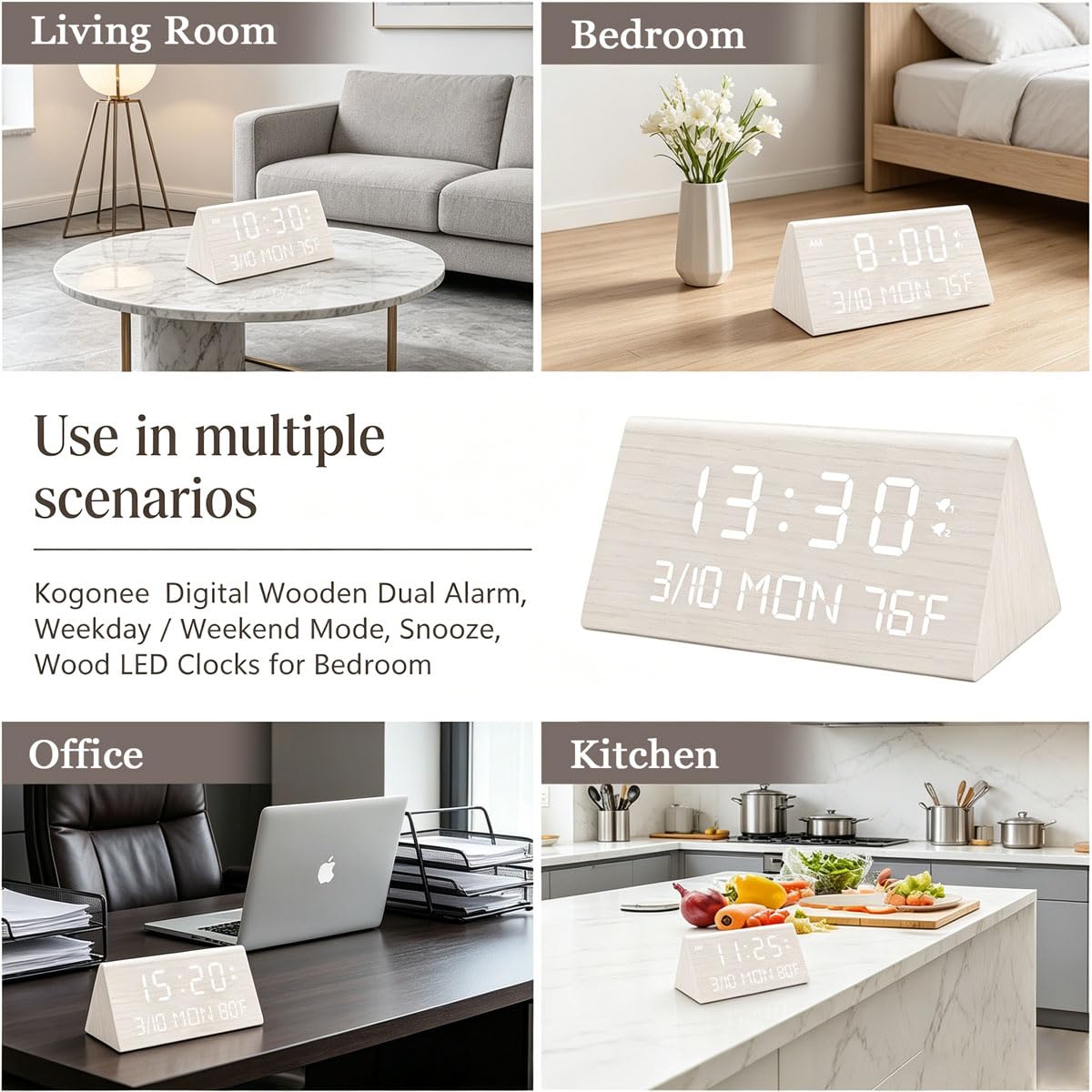 Kogonee Wooden Digital Alarm Clock, 0-100% Dimmer, 2 Alarm Settings, Weekday/Everyday Mode, 9 Mins Snooze, 12/24H, Temperature and Date Display for Office, Travel, Bedroom Alarm Clock (Brown)