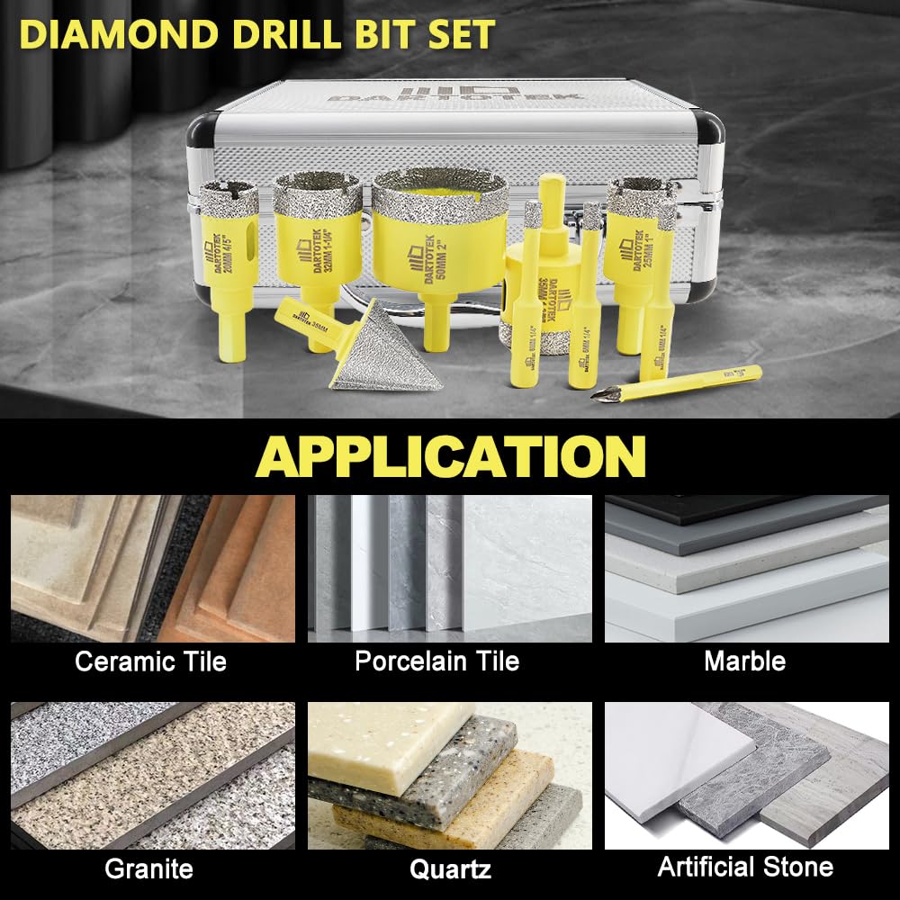 Diamond Core Drill Bits Set for Tile, DARTOTEK 10PCS Porcelain Hole Saw Kit with Aluminum Case, (6/6/8/20/35/50/65mm+2" Chamfer bit +SDS Adapter, Dry/Wet Drilling for Ceramic, Granite & Marble