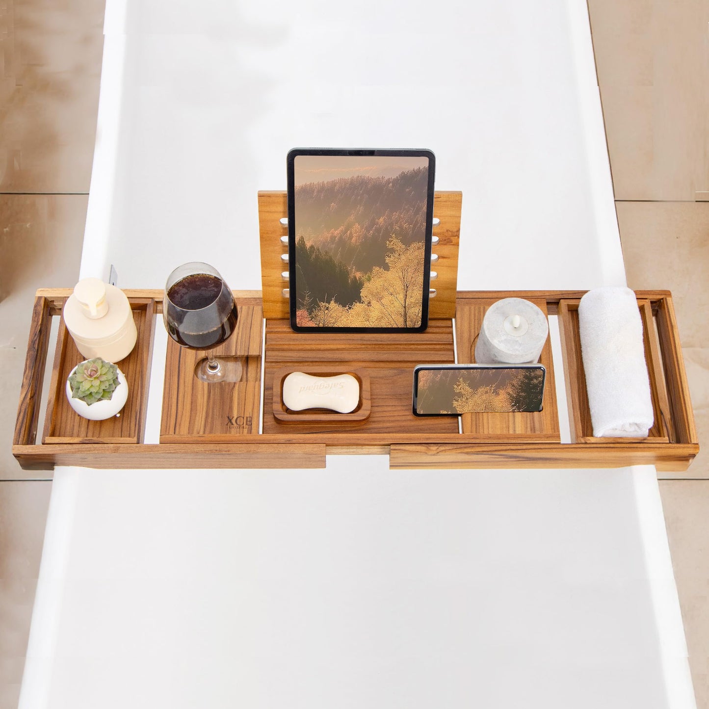 XcE Bamboo Bathtub Caddy Tray - Expandable to 41 Inches with Book Stand, Soap Holder & Anti-Slip Pads for Luxury Bath Spa, Brown