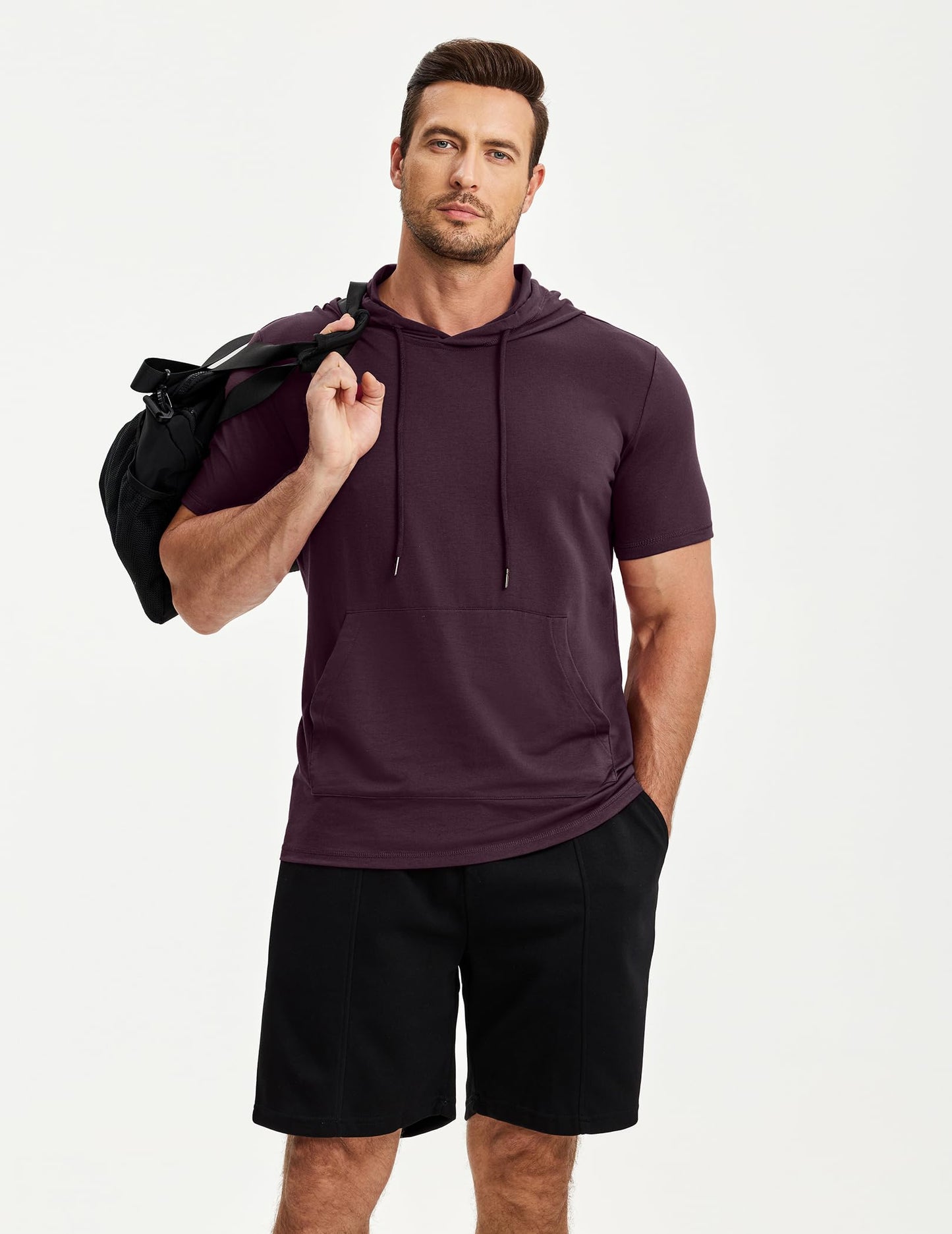 JMIERR Mens Short Sleeve Hoodie Cotton Hooded T-shirts Lightweight Solid Tops with Pocket