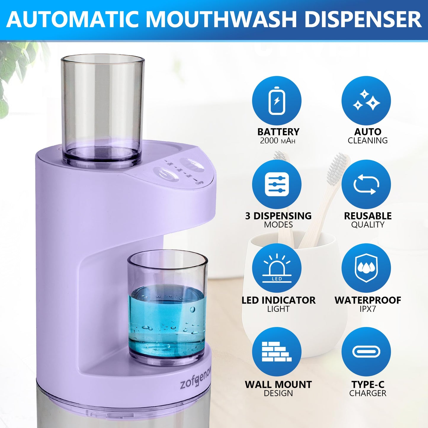 ZOFGENOW Automatic Mouthwash Dispenser for Bathroom,Bathroom Accessories 19.4 Fl Oz Dispensers with Magnetic Cups,Wall Mounted Dispenser,Suitable for All Age Groups,White
