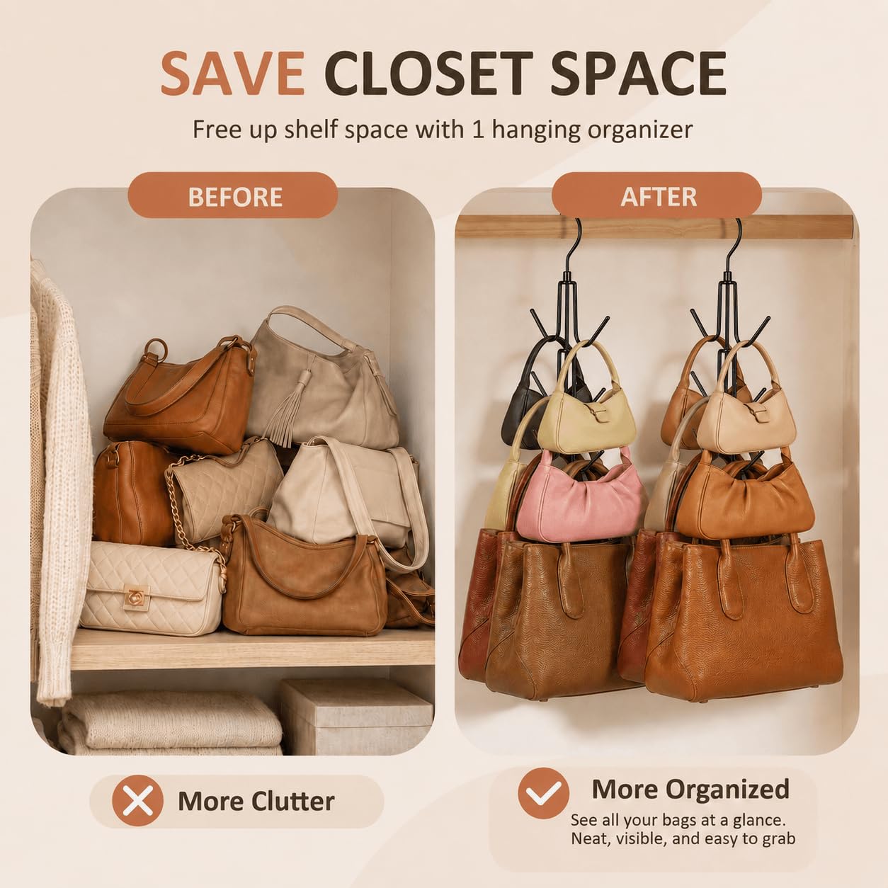 ZEDODIER 2 Pack Purse Organizer for Closet, Heavy-Duty Hanging Purse Hanger Closet Holds Up to 12 Purses, Metal Rotating Space Saving Bag Holder Handbag Storage Hook Backpack Rack, Silver