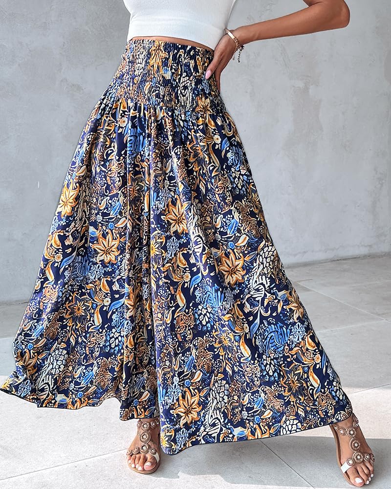 CHICME Boho Floral Shirred High Waisted Wide Leg Pants Flowy Palazzo Pants Summer Beach Vacation Wear