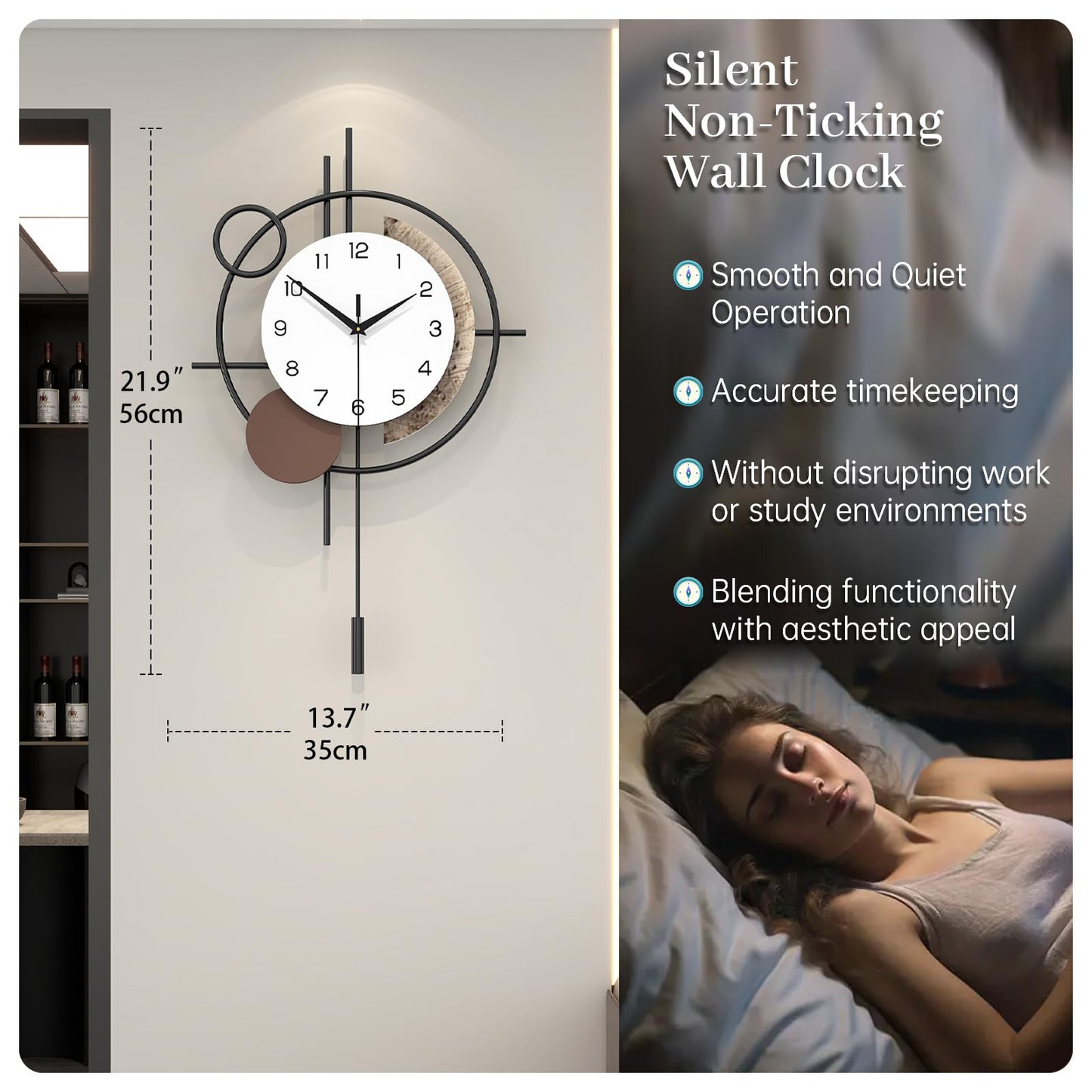 Wall Clock Decorative Large Modern Wall Clock Silent Non-Ticking Battery Operated Gold Unique Pendulum Clock for Living Room,Bedroom,Office,Kitchen,Bathroom,Wall Decor 13.8x21.9in