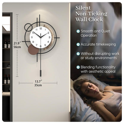 Wall Clock Decorative Large Modern Wall Clock Silent Non-Ticking Battery Operated Gold Unique Pendulum Clock for Living Room,Bedroom,Office,Kitchen,Bathroom,Wall Decor 13.8x21.9in