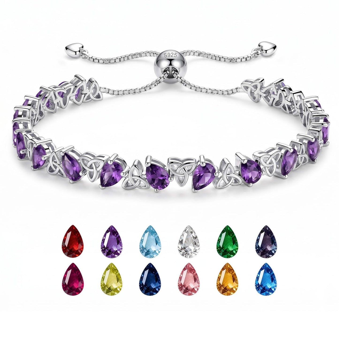 Birthstone Bracelets for Women, Pear Cut Tennis Bracelet 925 Sterling Silver, 6-9 Inch Adjustable Celtic Knot, Anniversary Birthday Jewelry Gifts for Women