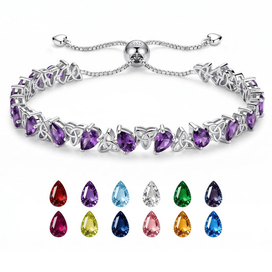 Birthstone Bracelets for Women, Pear Cut Tennis Bracelet 925 Sterling Silver, 6-9 Inch Adjustable Celtic Knot, Anniversary Birthday Jewelry Gifts for Women