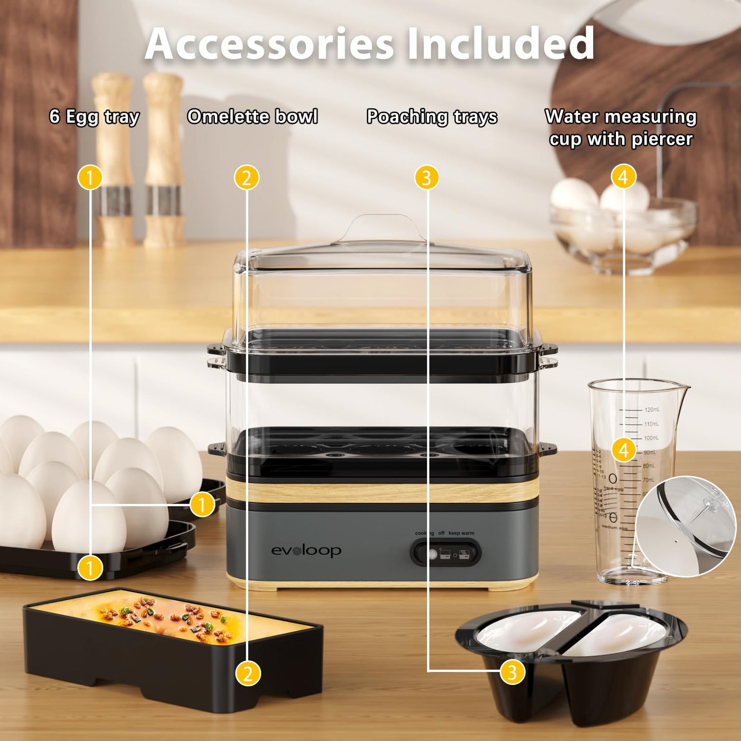 Evoloop Rapid Egg Cooker Electric 12 Eggs Capacity, Soft, Medium, Hard Boiled, Poached, Omelet Maker Egg Poacher & Vegetable Steamer, BPA Free Tray