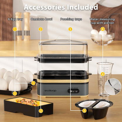 Evoloop Rapid Egg Cooker Electric 12 Eggs Capacity, Soft, Medium, Hard Boiled, Poached, Omelet Maker Egg Poacher & Vegetable Steamer, BPA Free Tray