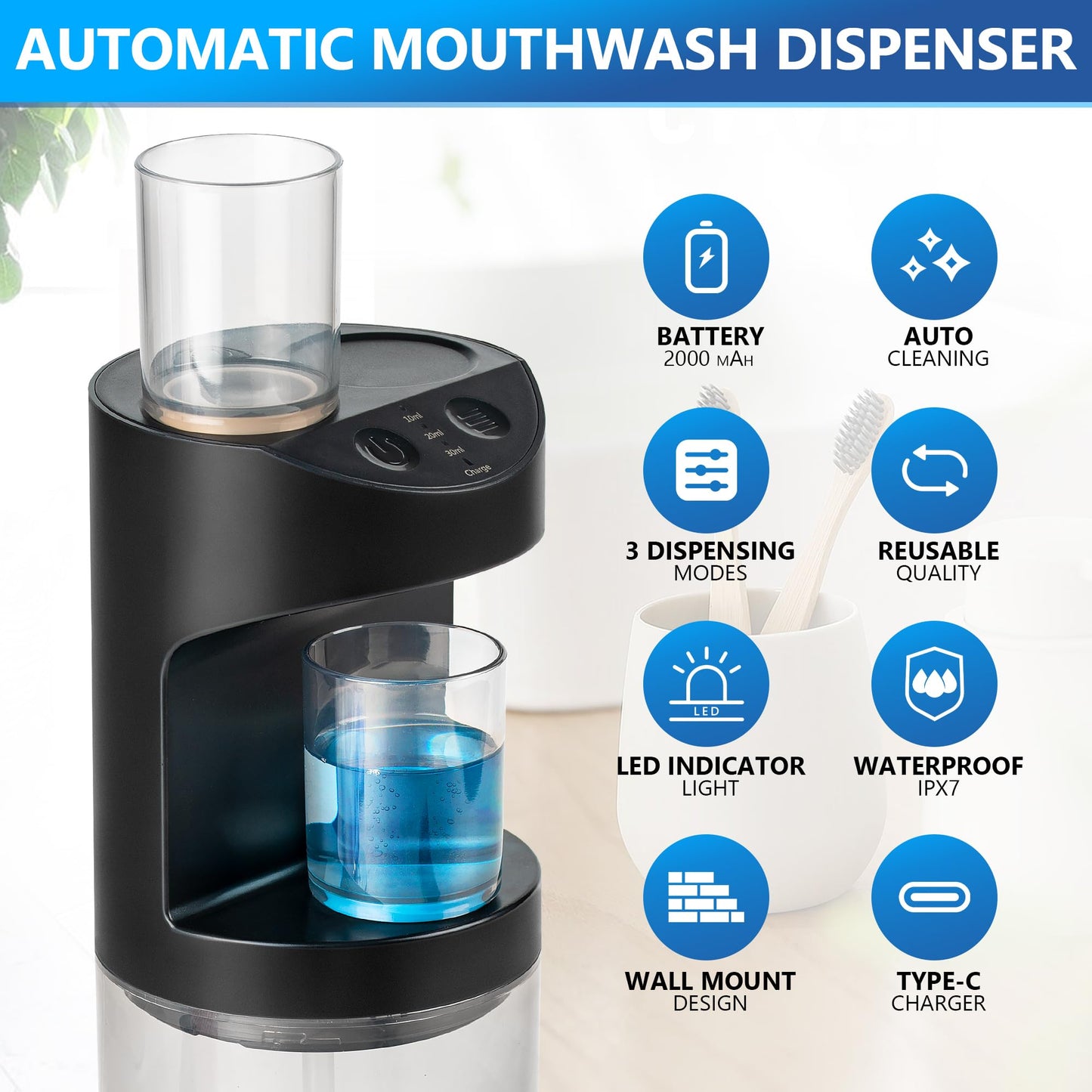 ZOFGENOW Automatic Mouthwash Dispenser for Bathroom,Bathroom Accessories 19.4 Fl Oz Dispensers with Magnetic Cups,Wall Mounted Dispenser,Suitable for All Age Groups,White