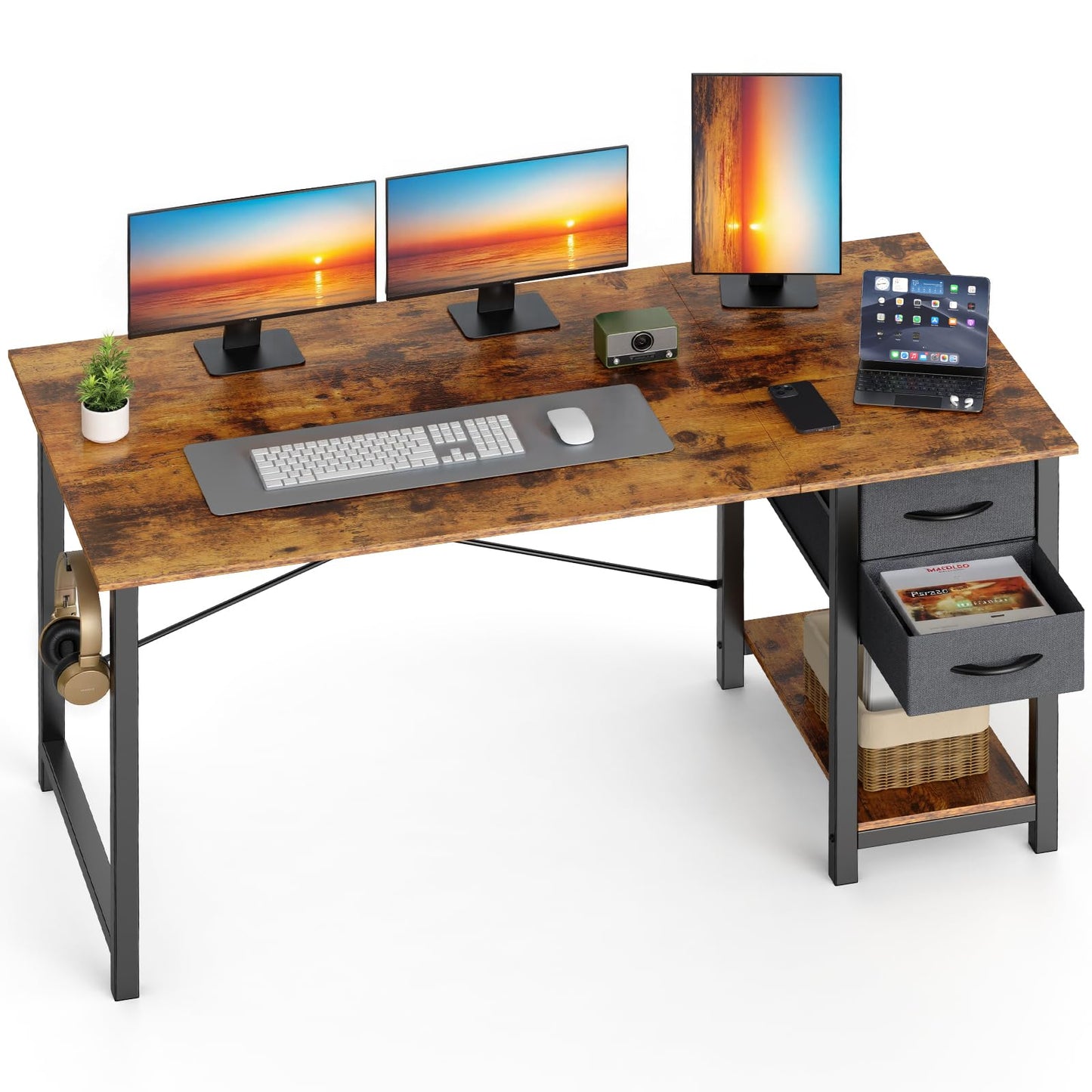 Sweetcrispy 47 Inch Computer Desk with Drawers for Home Office Writing Desk X Shaped Reinforcement Wood Surface Adjustable Position Modern Study Work Side Hook Metal Frame Storage Station Rust