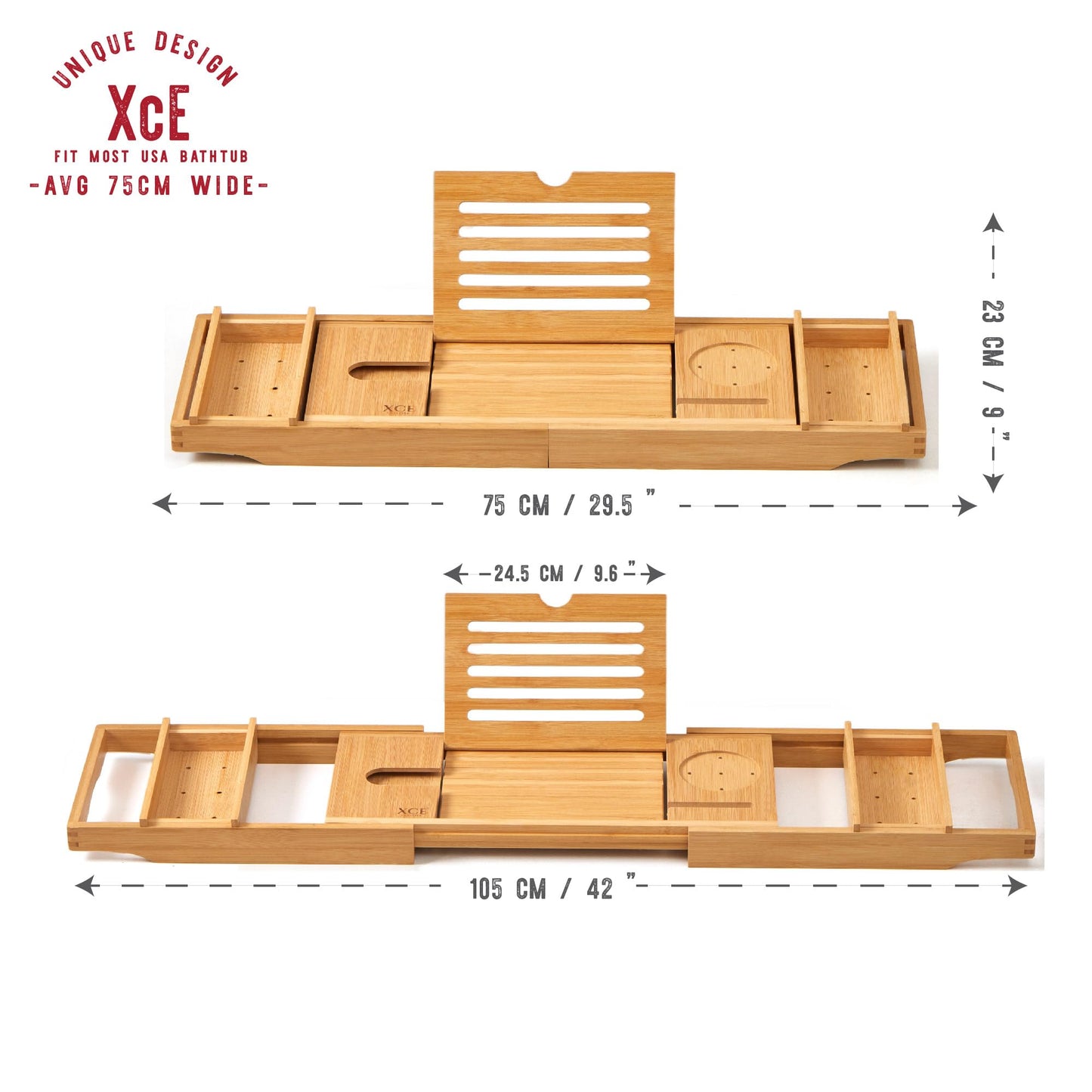 XcE Bamboo Bathtub Caddy Tray - Expandable to 41 Inches with Book Stand, Soap Holder & Anti-Slip Pads for Luxury Bath Spa, Brown