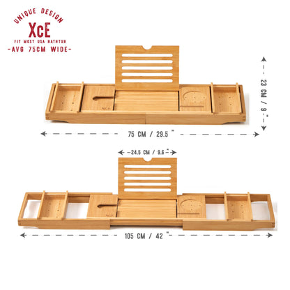 XcE Bamboo Bathtub Caddy Tray - Expandable to 41 Inches with Book Stand, Soap Holder & Anti-Slip Pads for Luxury Bath Spa, Brown
