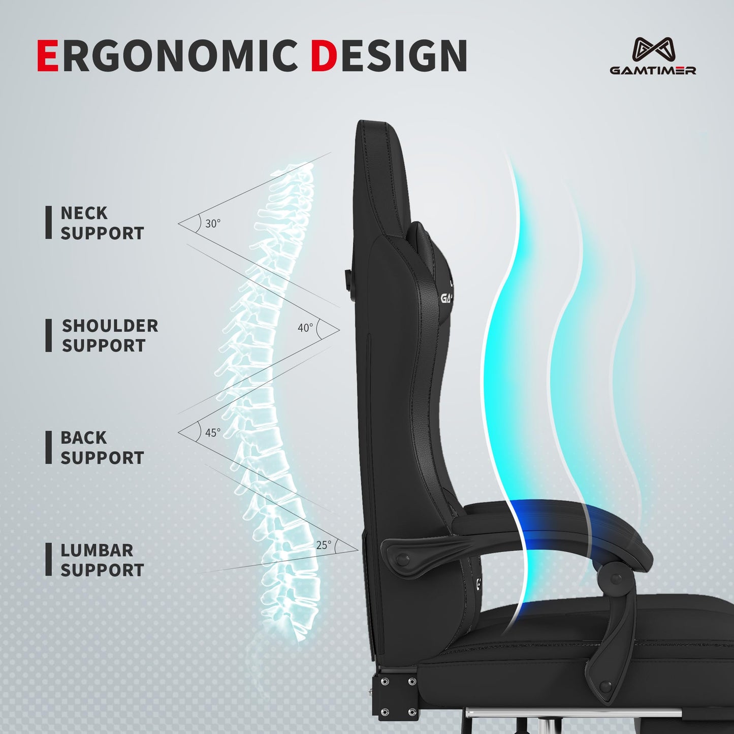 Gamtimer Gaming Chair with Footrest, Ergonomic Computer Chair, PU Breathable Material with Headrest and Lumbar Support, Suitable for Silla Gamer and Adults（Grey）
