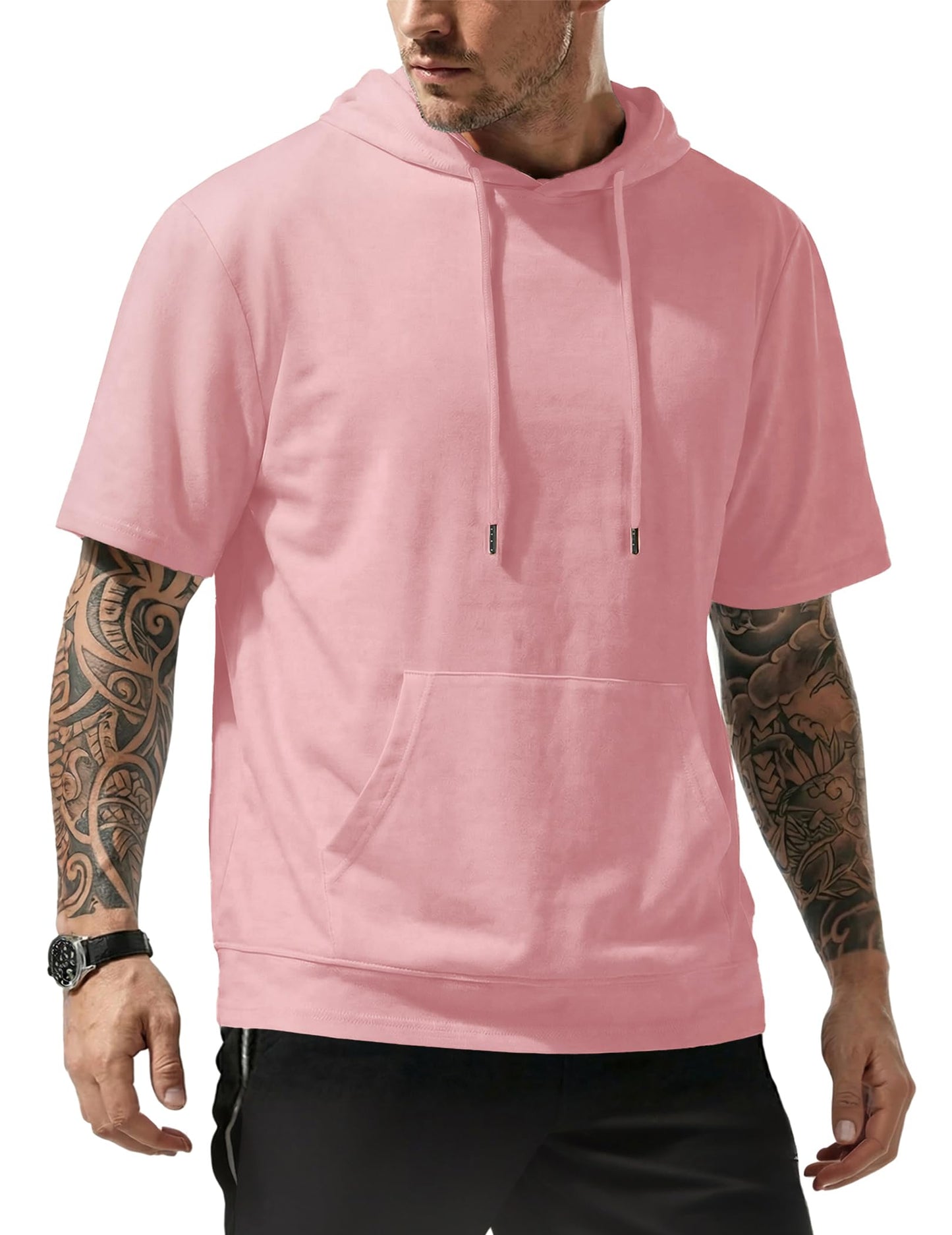 JMIERR Mens Short Sleeve Hoodie Cotton Hooded T-shirts Lightweight Solid Tops with Pocket
