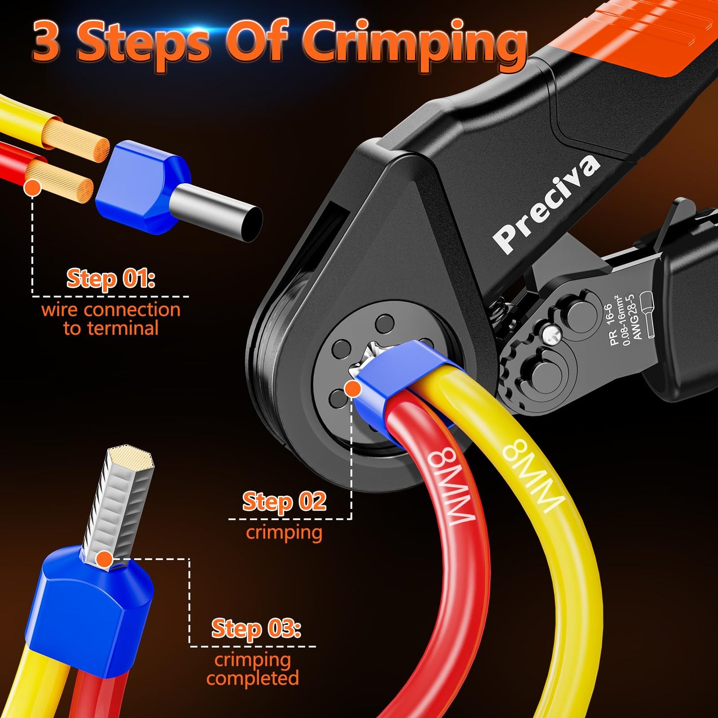 Preciva Ferrule Crimping Tool Kit - AWG 28-5 Hexagonal Ferrule Crimper with Automatic Wire Stripper and 1375Pcs Single/Twin Ferrule Connectors, Self-Adjustable Ratchet Ferrule Terminals Crimping Tool