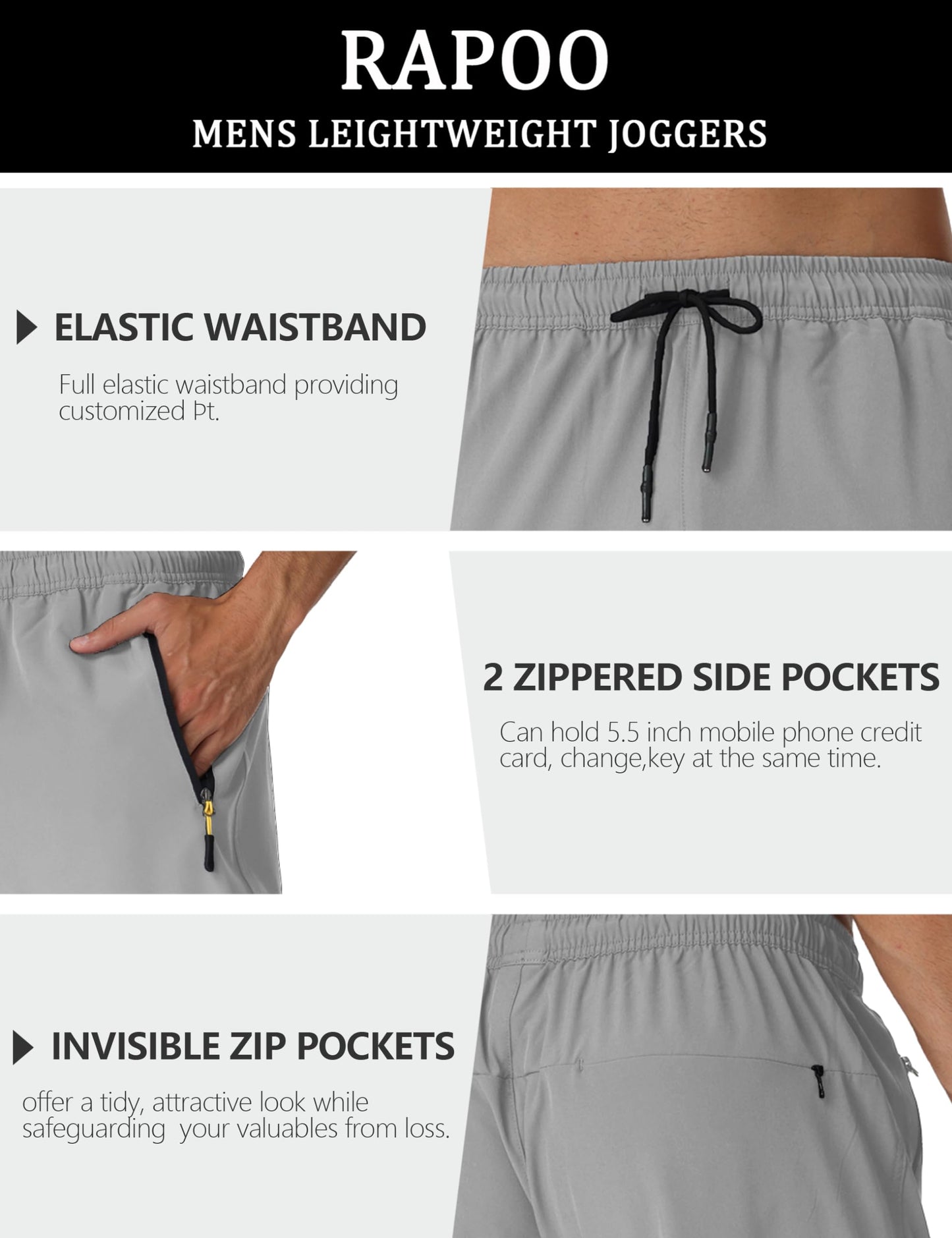 Rapoo Mens Lightweight Hiking Pants Quick Dry Stretch Joggers for Running Workout Casual