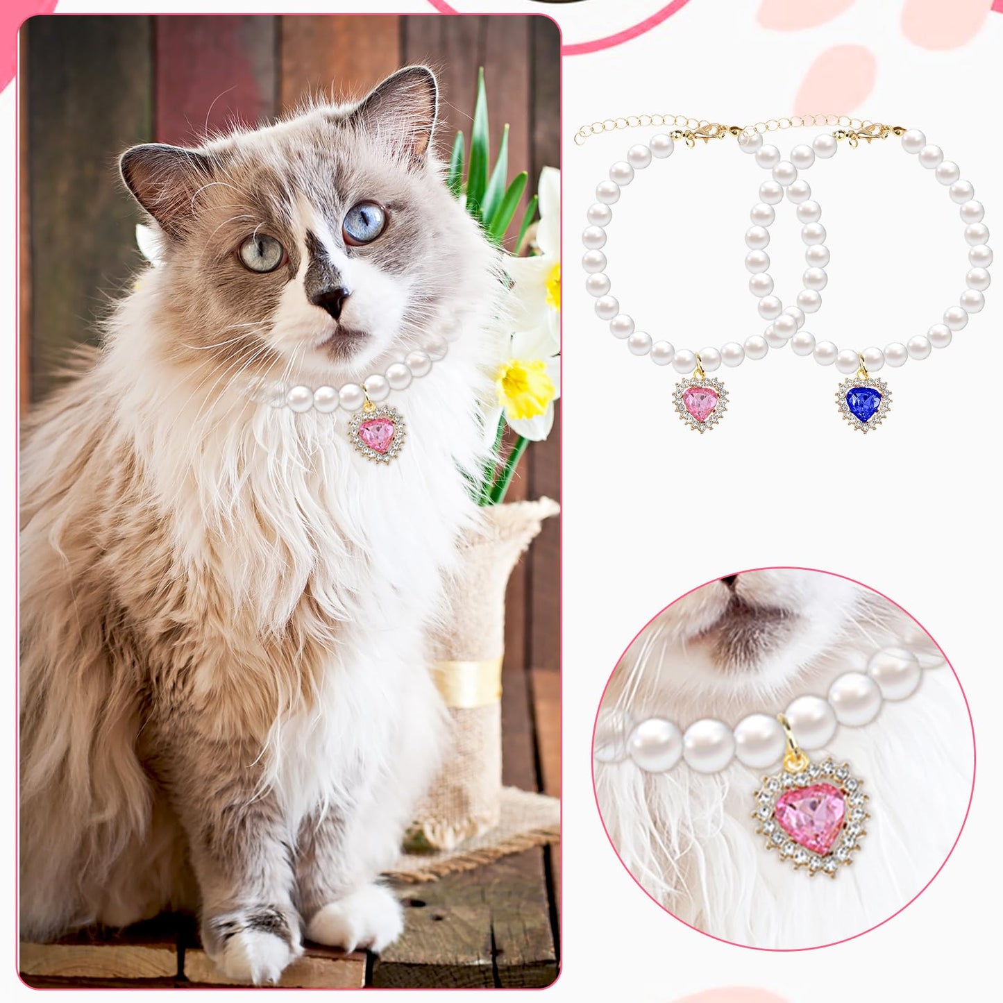 Tyqour 2pcs Cute Girl Cat Collar, Pearl Cat Dog Collar with Small Heart Shape Rhinestone for Small Dogs and Cats Adjustable Fancy Dog Pearl Necklace Collars, Pink Heart + White Heart