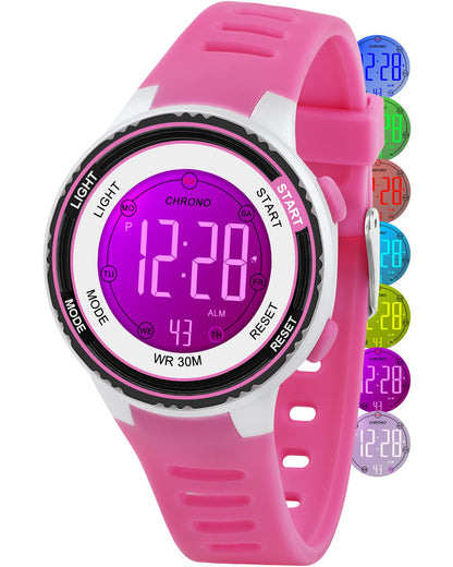 DTKID Digital Kids Watch 30 M Waterproof, 7 Color Lights Time Teaching Watch Easy to Read for Girls Boys 5-16